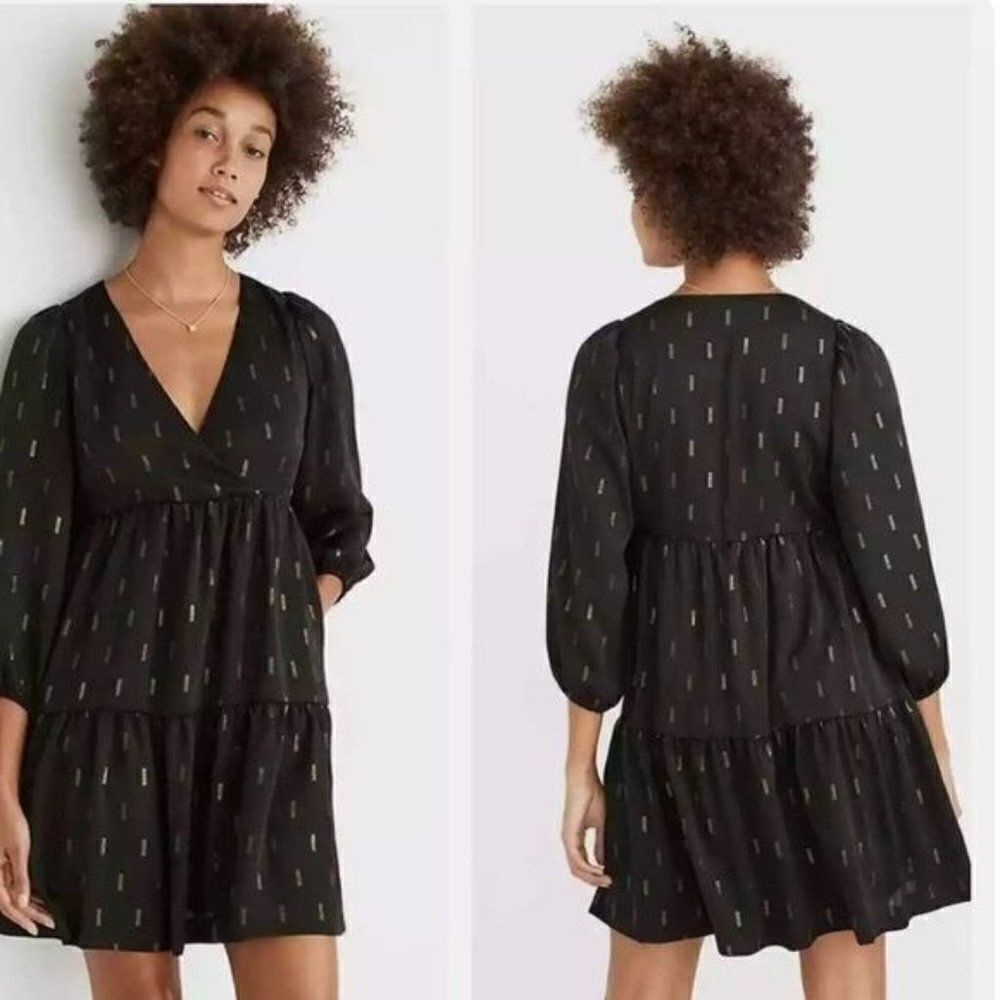 Madewell Black Gold Metallic Jacquard Faux Wrap Dress Size XS